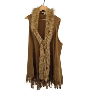 Cato XL‎ Faux Fur Trim Fringe Sweater Vest Tan Brown Boho Western Fall Layer